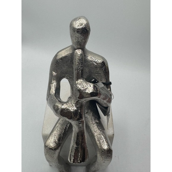 Silver Color Metal Sitting Musician Modern Accent Décor with Marble Base. - Picture 2 of 10